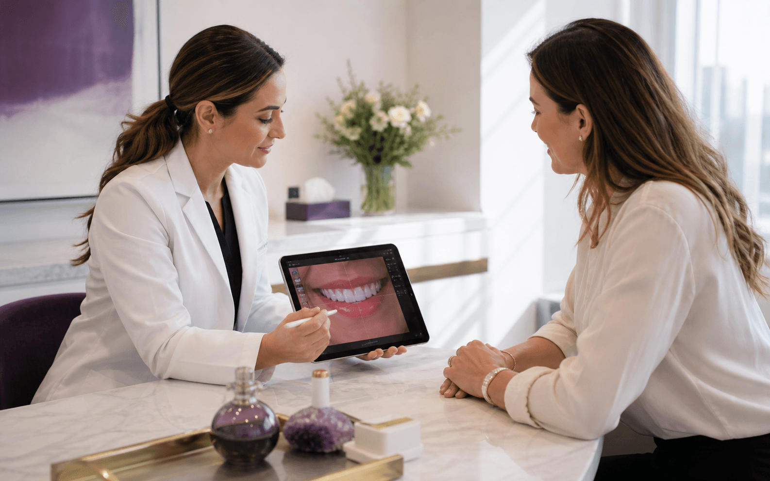 Cosmetic dentist reviewing a personalized digital smile design with a patient