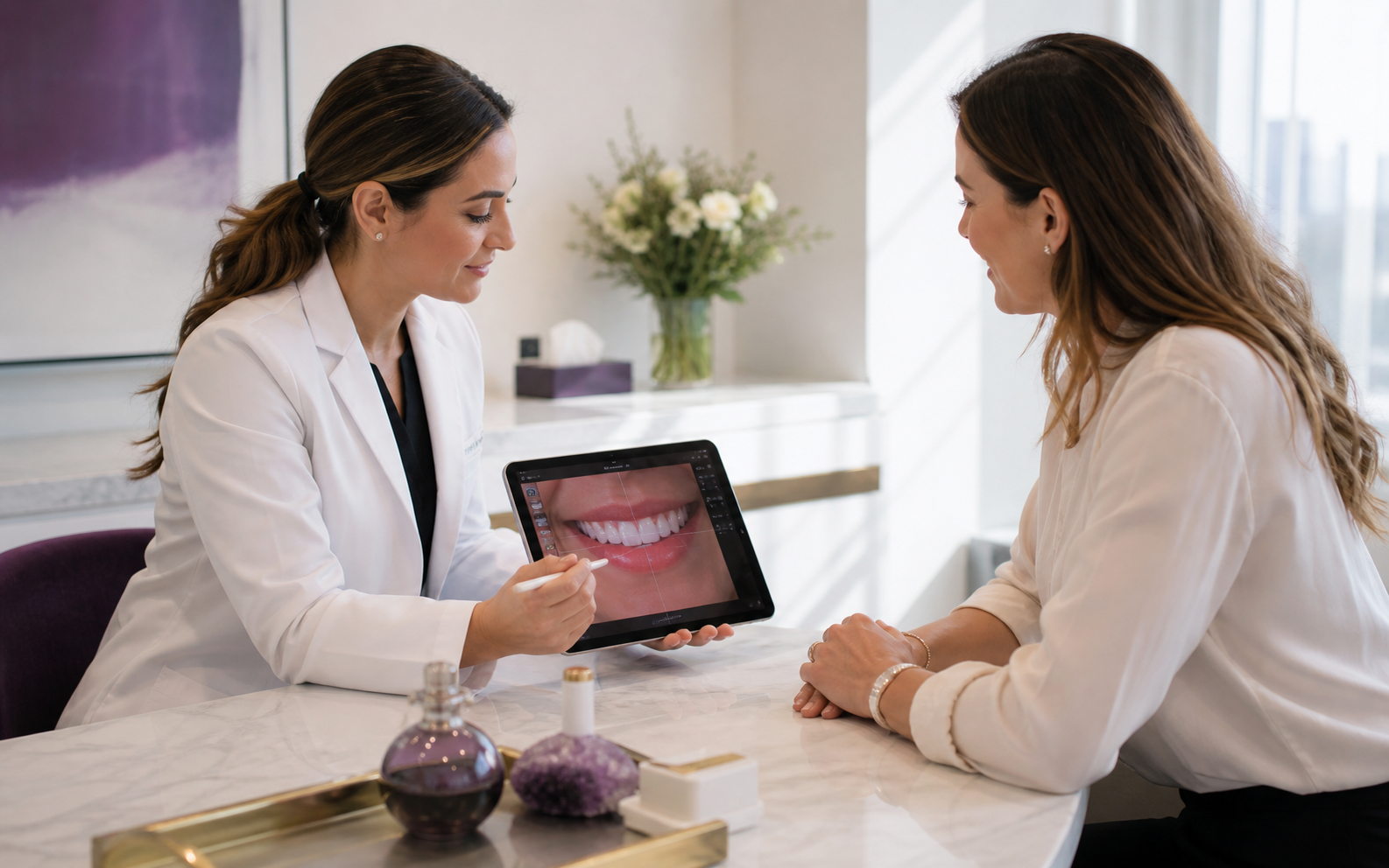 Cosmetic dentist reviewing a personalized digital smile design with a patient