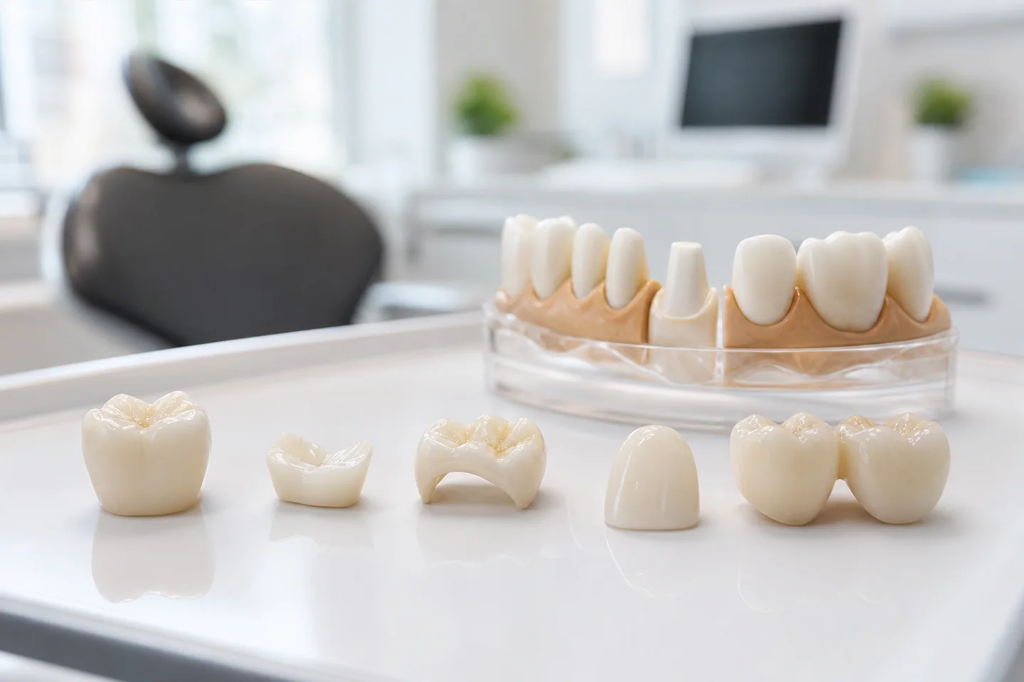 Examples of crown and bridge dental restoration types
